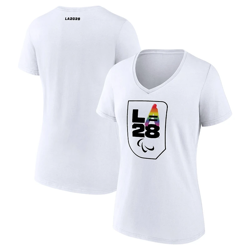 Women's White LA 2028 Summer Paralympics Logo Pride V-Neck T-Shirt