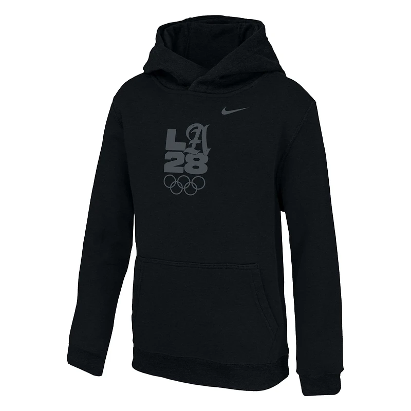 Youth Nike Black LA28 Summer Olympics Script Primary Club Fleece Hoodie