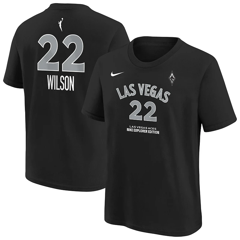 T-shirt Nike A'ja Wilson noir pour jeunes avec nom et numéro Las Vegas Aces Explorer Edition