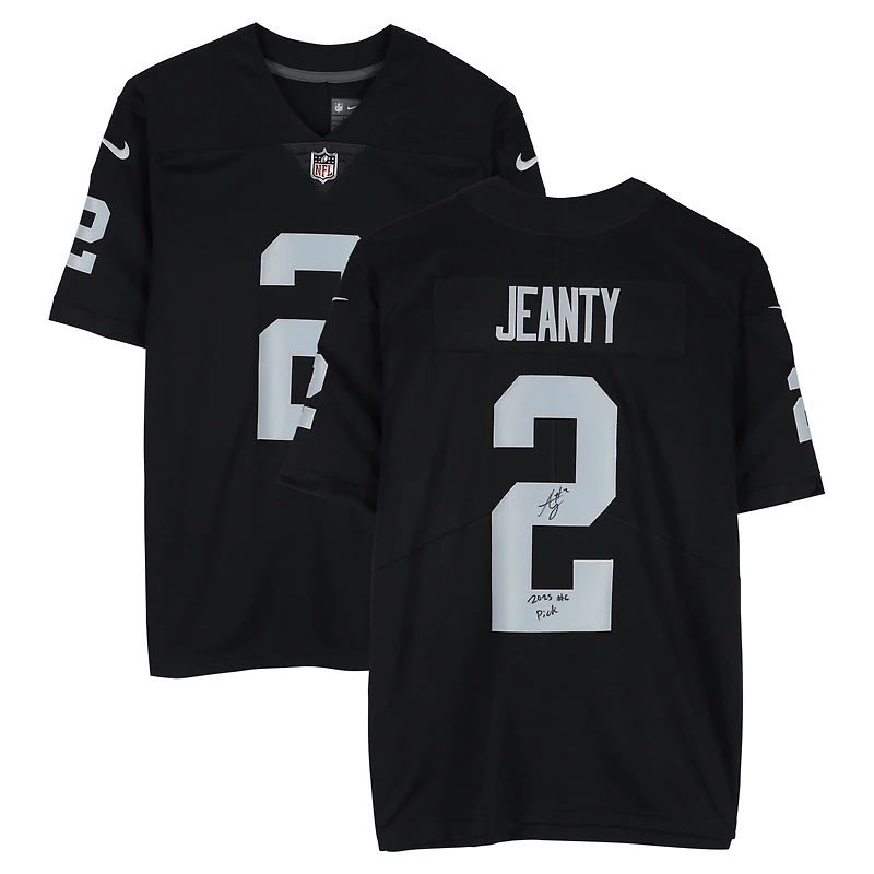 Maillot noir Nike Limited autographié par Ashton Jeanty des Raiders de Las Vegas avec inscription « 2025 #6 Pick »
