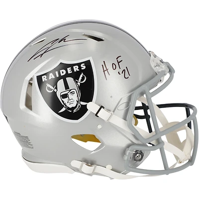Casque Riddell Speed ​​Authentic Half & Half autographié par Charles Woodson des Raiders de Las Vegas, avec inscription « HOF 21 » et signature sur le côté Las Vegas.