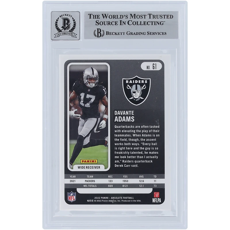 Davante Adams Las Vegas Raiders Autographed 2022 Panini Absolute Spectrum Red #61 #/100 Beckett Fanatics Witnessed Authenticated 10 Card
