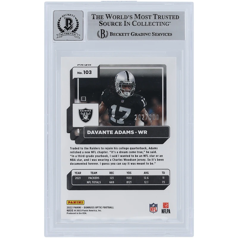 Davante Adams Las Vegas Raiders Autographed 2022 Panini Donruss Optic Wave #103 #/300 Beckett Fanatics Witnessed Authenticated 10 Card