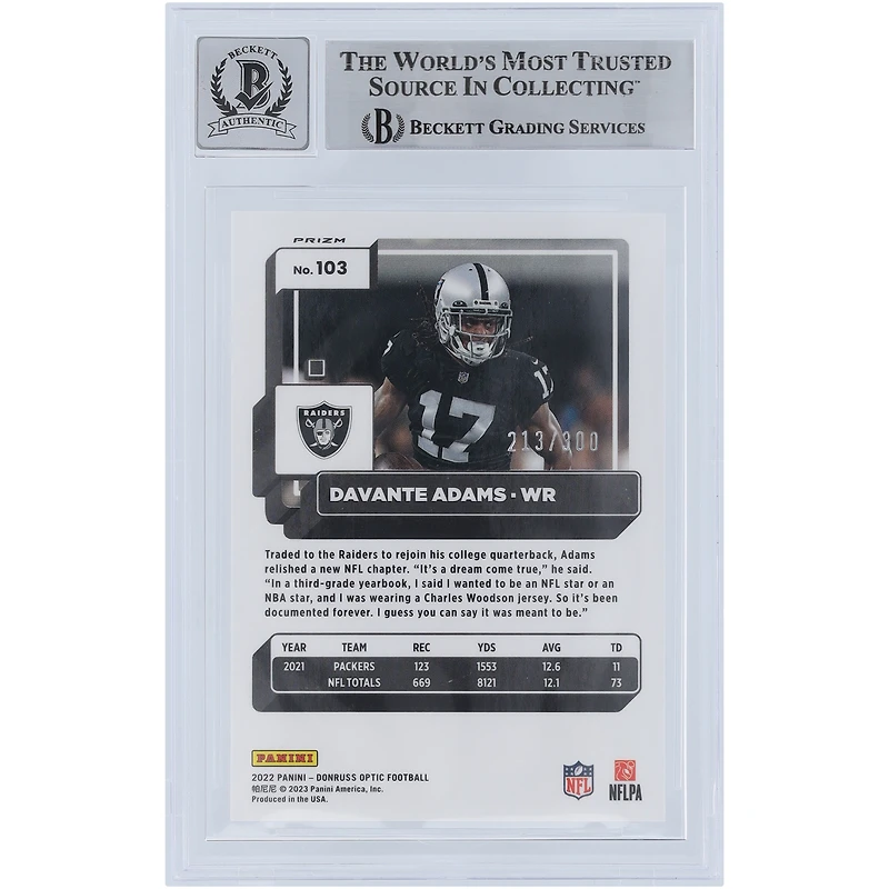 Davante Adams Las Vegas Raiders Autographed 2022 Panini Donruss Optic Wave #103 #/300 Beckett Fanatics Witnessed Authenticated 9/10 Card