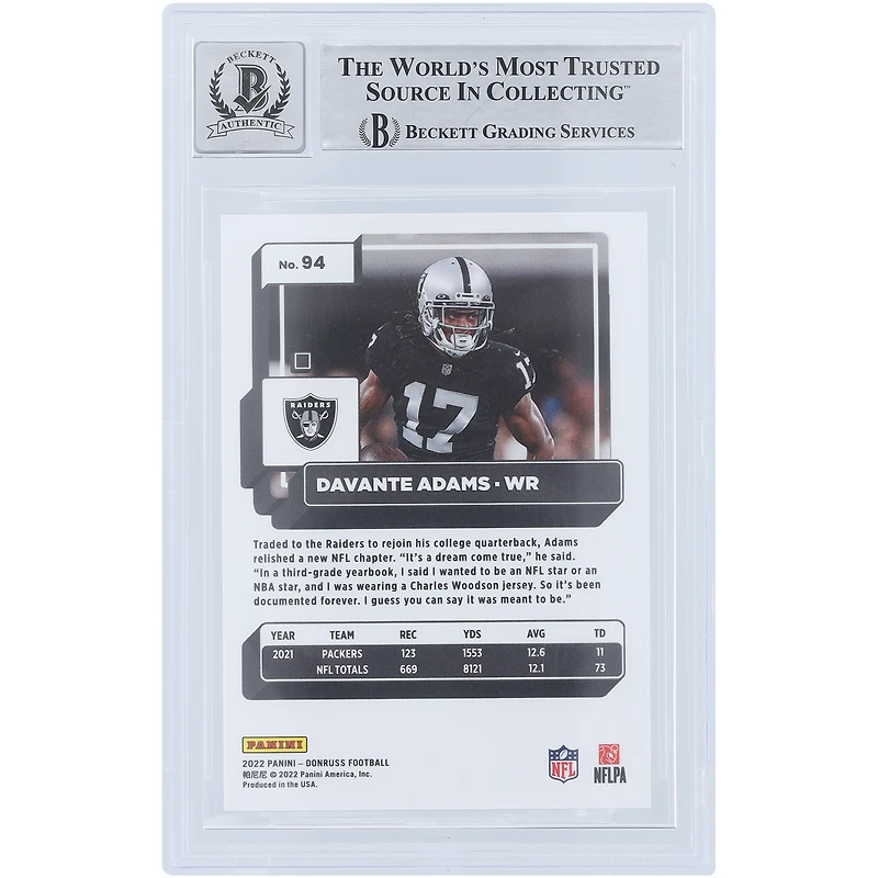 Davante Adams Las Vegas Raiders Autographed 2022 Panini Donruss Press Proof Premium #94 Beckett Fanatics Witnessed Authenticated / Card
