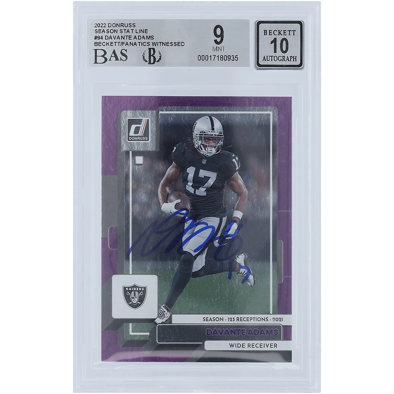 Davante Adams Las Vegas Raiders Autographed 2022 Panini Donruss Purple Season Stat Line #94 #/123 Beckett Fanatics Witnessed Authenticated 9/10 Card