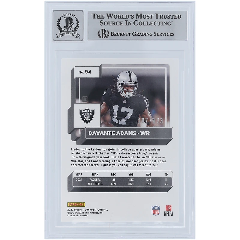 Davante Adams Las Vegas Raiders Autographed 2022 Panini Donruss Purple Season Stat Line #94 #/123 Beckett Fanatics Witnessed Authenticated 9/10 Card