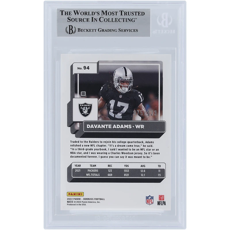 Davante Adams Las Vegas Raiders Autographed 2022 Panini Donruss Purple Season Stat Line #94 #/123 Beckett Fanatics Witnessed Authenticated Card