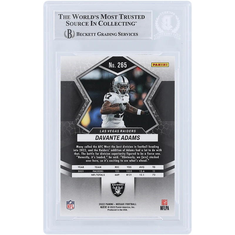 Carte Panini Mosaic #265 autographiée 2022 des Raiders de Las Vegas par Davante Adams, Beckett Fanatics, authentifiée