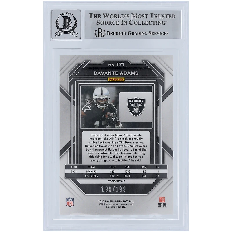 Davante Adams Las Vegas Raiders Autographed 2022 Panini Prizm Blue Wave #171 #/199 Beckett Fanatics Witnessed Authenticated 9/10 Card