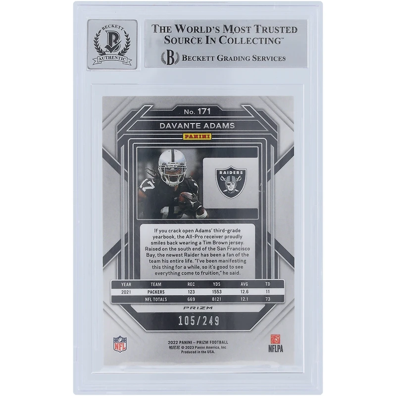 Davante Adams Las Vegas Raiders Autographed 2022 Panini Prizm Orange Prizm #171 #/249 Beckett Fanatics Witnessed Authenticated 10 Card