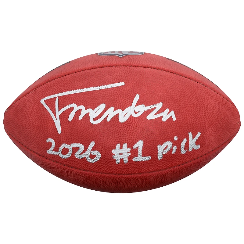 Ballon de football américain Duke en couleur, autographié par Fernando Mendoza des Raiders de Las Vegas, avec inscription « 1er choix de la draft 2026 ».