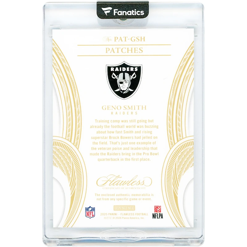 Carte Geno Smith Las Vegas Raiders 2025 Panini Flawless Sapphire Patches Dual-Color Relic #PAT-GSH #6/10