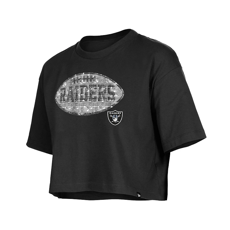 Girl's New Era Black Las Vegas Raiders Flip Sequin Boxy T-Shirt
