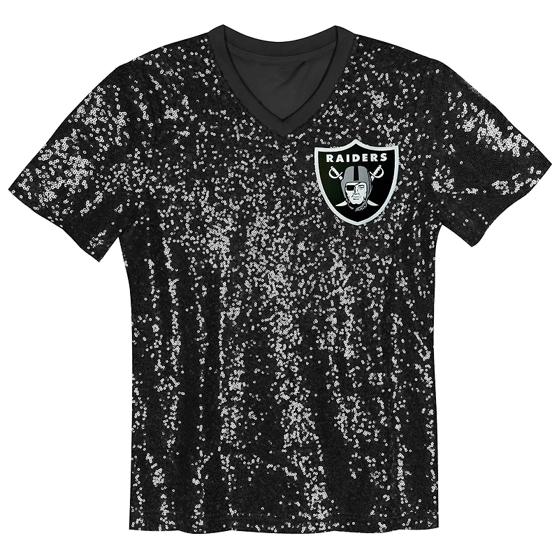 Haut à col en V sequins et inscription Las Vegas Raiders pour filles, noir