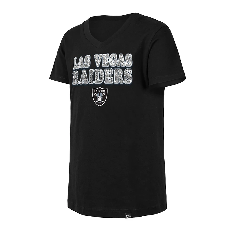 T-shirt à col en V sequins inversés noir Las Vegas Raiders New Era pour jeune fille
