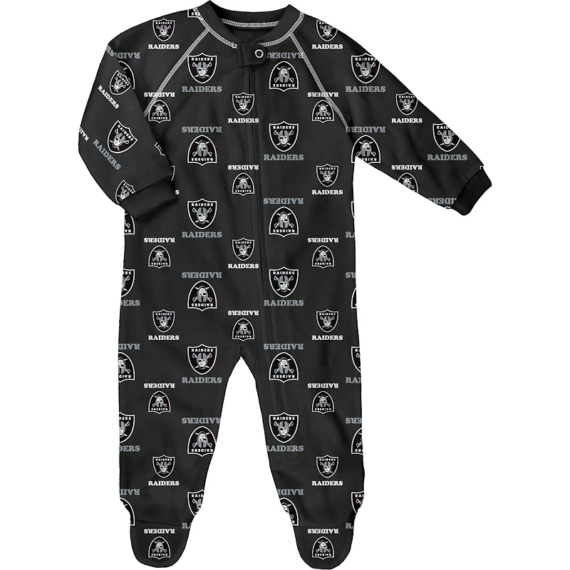 Grenouillère noire à imprimé intégral Las Vegas Raiders pour bébé avec fermeture éclair et raglan