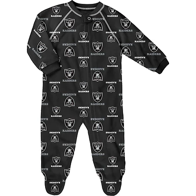 Grenouillère noire à imprimé intégral Las Vegas Raiders pour bébé avec fermeture éclair et raglan