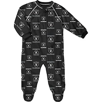 Grenouillère noire à imprimé intégral Las Vegas Raiders pour bébé avec fermeture éclair et raglan