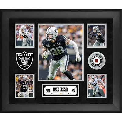 Collage encadré de 5 photos de Maxx Crosby (Las Vegas Raiders) avec un morceau de ballon de football utilisé en match - Édition limitée à 500 exemplaires