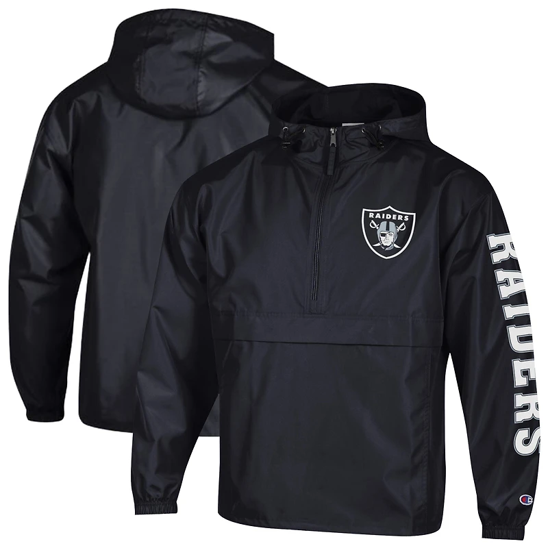 Men's Champion Black Las Vegas Raiders Packable Hooded Windbreaker Half-Zip Jacket