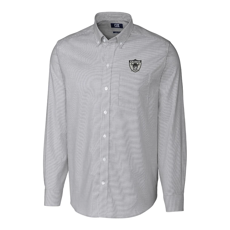 Chemise boutonnée à manches longues et rayures en oxford extensible pour homme Cutter & Buck, couleur anthracite, avec logo rétro des Las Vegas Raiders, grande taille