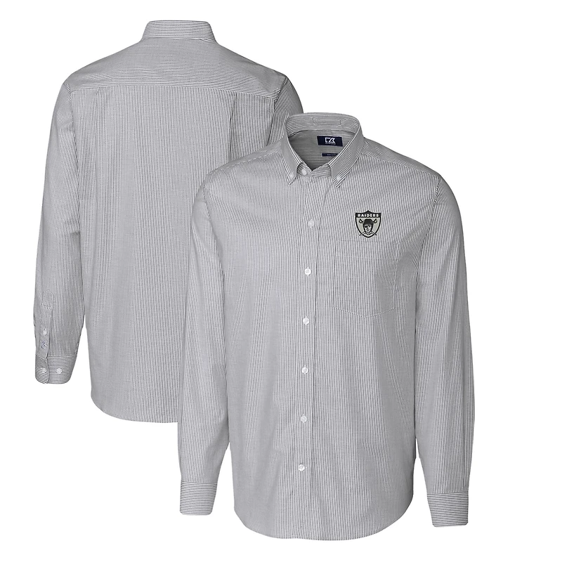 Chemise boutonnée à manches longues et rayures en oxford extensible pour homme Cutter & Buck, couleur anthracite, avec logo rétro des Las Vegas Raiders, grande taille
