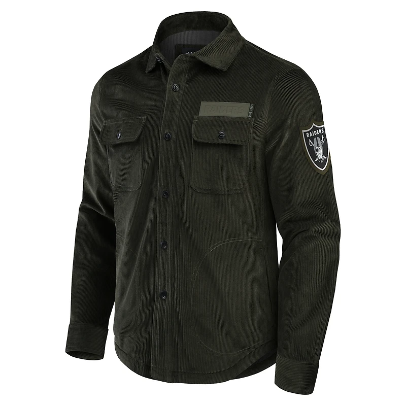 Veste-chemise en velours côtelé vert foncé pour homme de la collection Darius Rucker Fanatics, avec boutons sur toute longueur, des Las Vegas Raiders