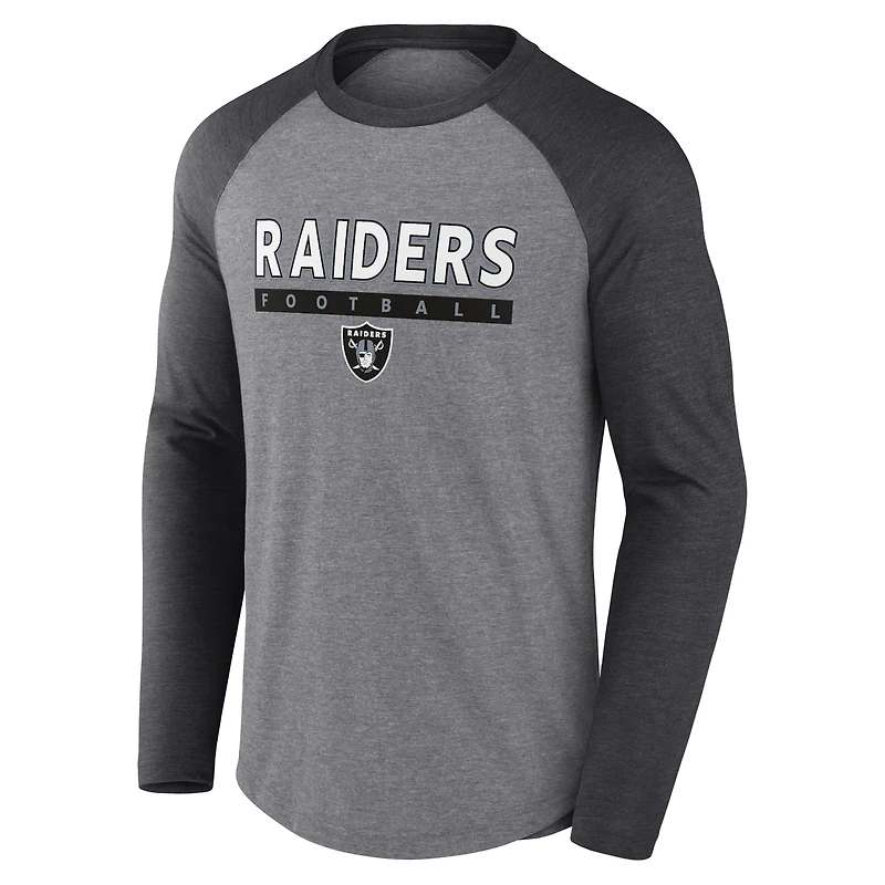 T-shirt à manches longues raglan tri-blend gris chiné/anthracite pour hommes Fanatics Las Vegas Raiders