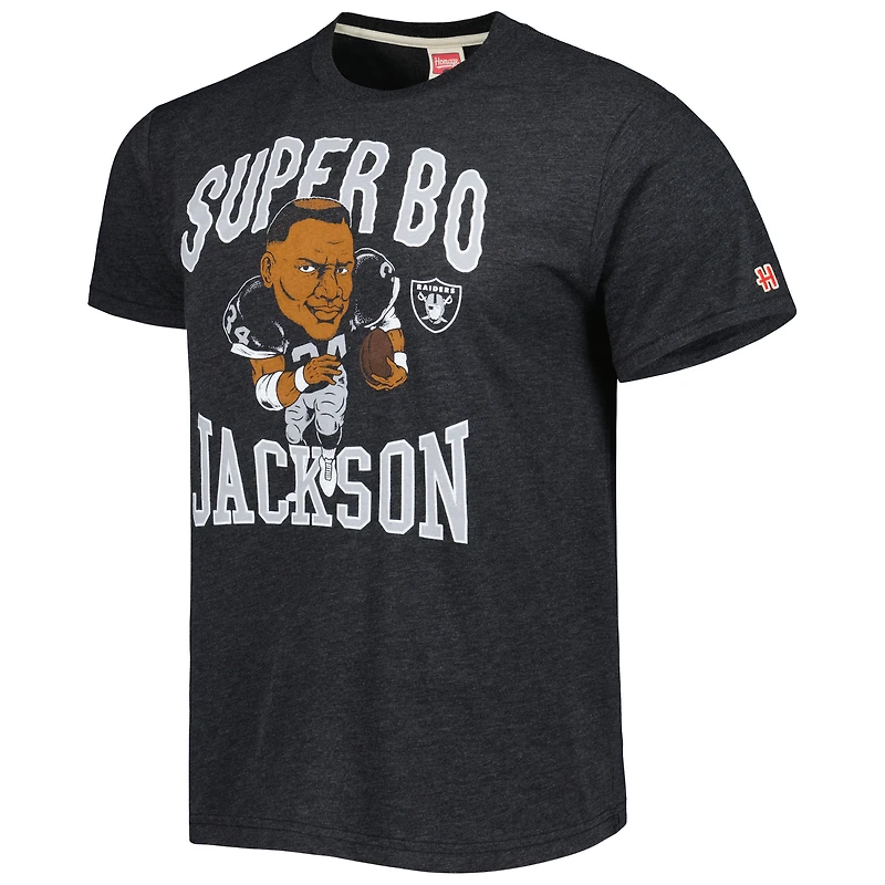 Hommage pour hommes Bo Jackson Heathered Heather Black Las Vegas Raiders Caricature Joueur retraité T-shirt triple mélange