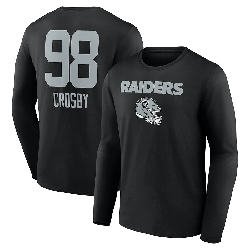 T-shirt à manches longues noir Maxx Crosby pour homme, avec nom et numéro de l'équipe des Las Vegas Raiders