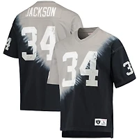 Mitchell & Ness Bo Jackson pour hommes, noir/argent, Las Vegas Raiders, nom et numéro du joueur retraité, t-shirt à col en V tie-dye diagonale