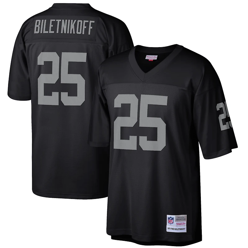 Maillot réplique Mitchell & Ness Fred Biletnikoff noir pour homme, commémorant la retraite d'un joueur des Raiders de Las Vegas.
