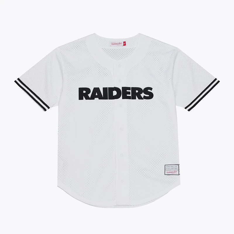 Maillot de baseball Mitchell & Ness blanc pour homme, Las Vegas Raiders, monochrome en maille, à boutons.