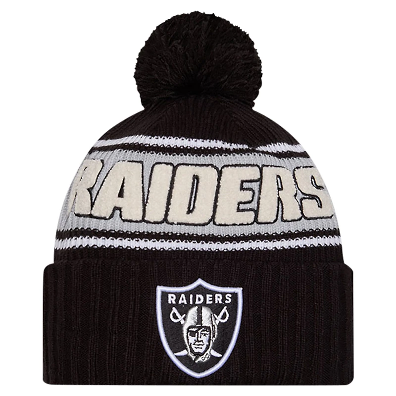 Men's New Era Black Las Vegas Raiders 2024 Sideline Sport Cuffed Knit Hat with Pom