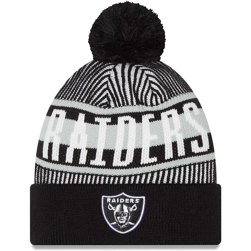 New Era Las Vegas Raiders rayé noir pour homme - Bonnet en tricot à revers avec pompon