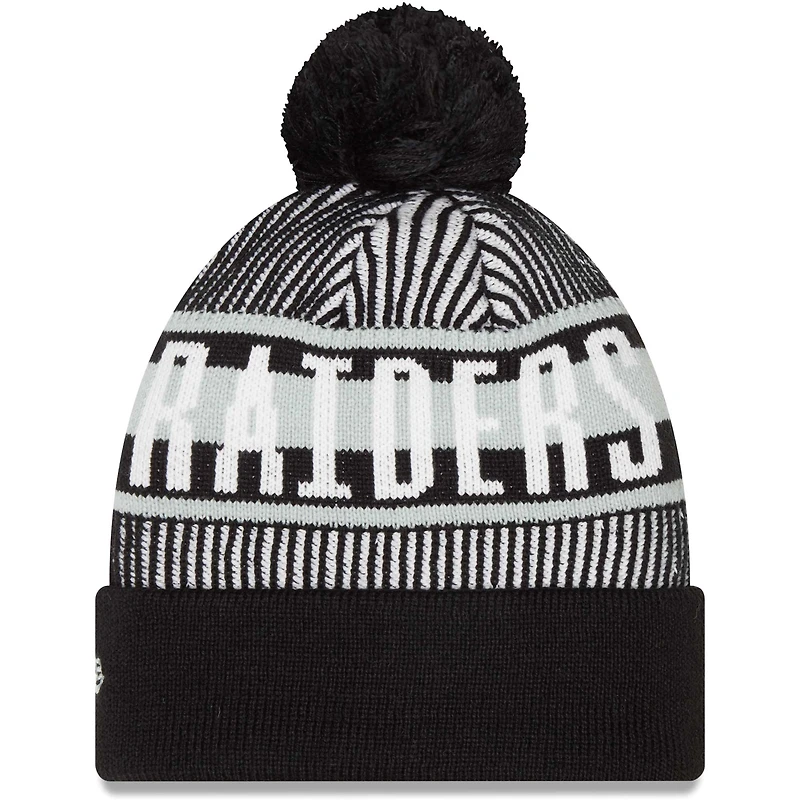 New Era Las Vegas Raiders rayé noir pour homme - Bonnet en tricot à revers avec pompon