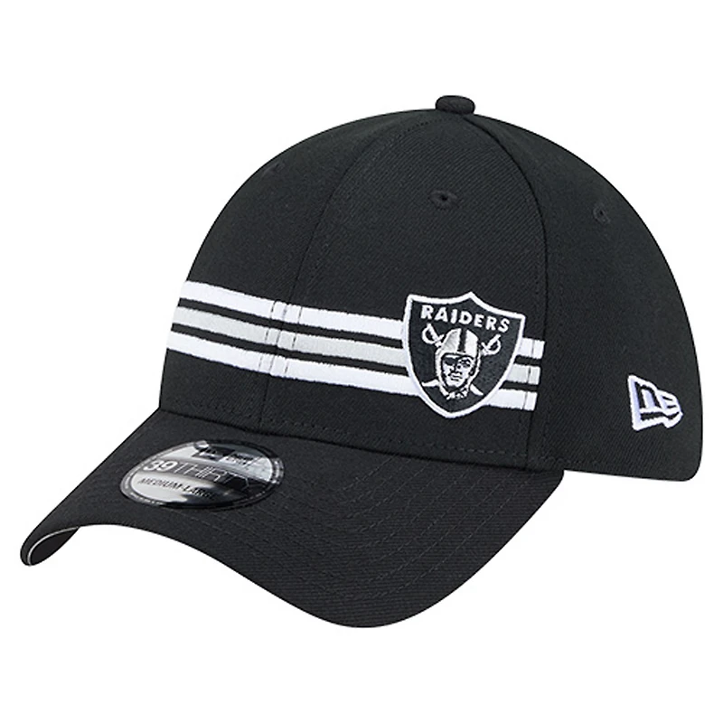 Casquette New Era noire à rayures Las Vegas Raiders 39THIRTY Flex pour homme