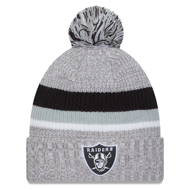 Bonnet à revers New Era gris chiné pour homme, modèle Las Vegas Raiders, avec pompon.