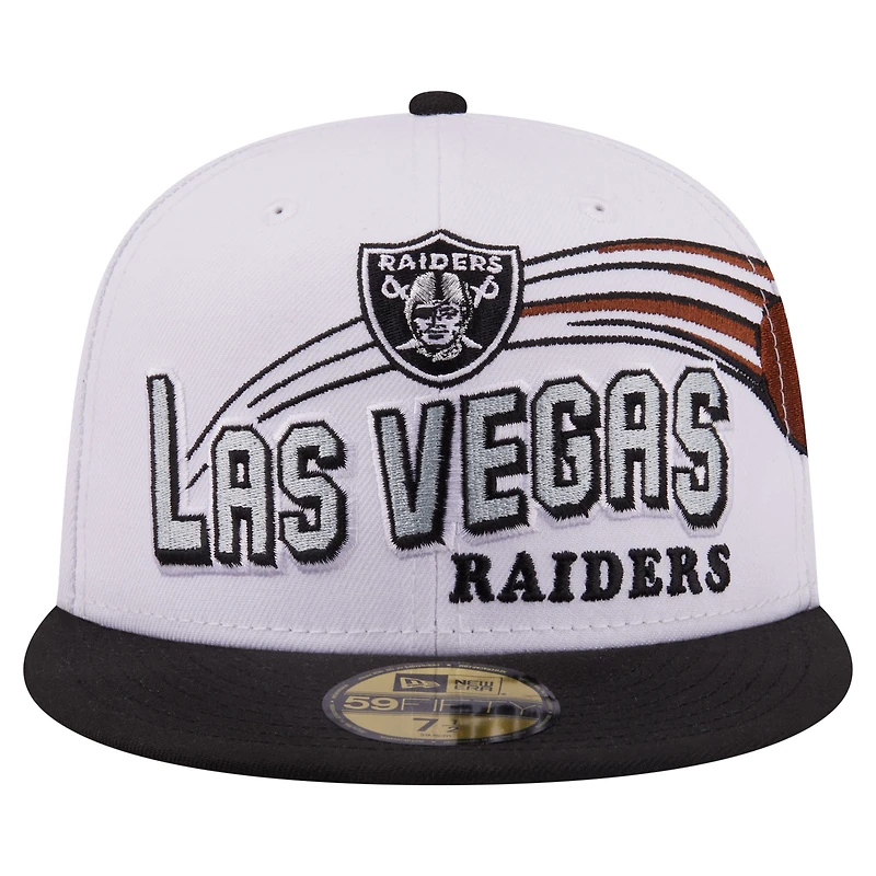 Casquette ajustée New Era 59FIFTY pour homme, blanche et noire, Las Vegas Raiders, style rétro.