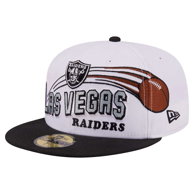 Casquette ajustée New Era 59FIFTY pour homme, blanche et noire, Las Vegas Raiders, style rétro.