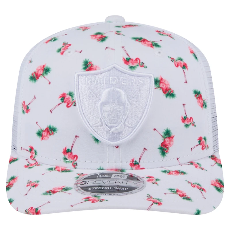 Casquette extensible à bouton-pression New Era blanche Las Vegas Raiders Adventure Flamingo Pattern 9SEVENTY pour homme