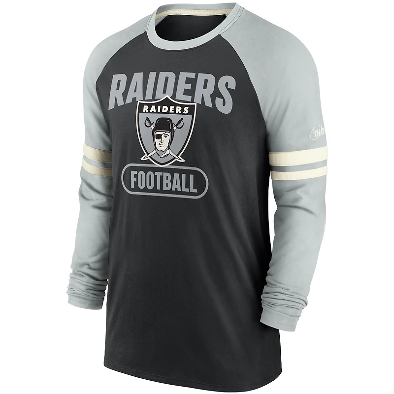 T-shirt à manches longues raglan Nike Las Vegas Raiders Throwback noir/argenté pour homme