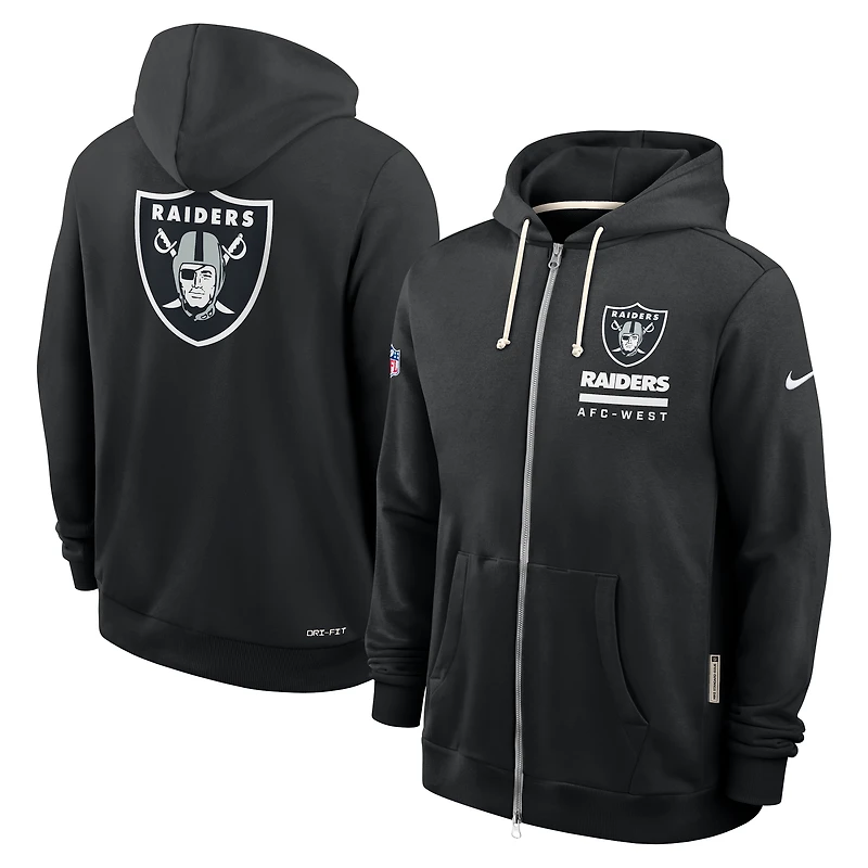 Sweat à capuche Nike noir Las Vegas Raiders 2025 Sideline Utility Player Dri-FIT pour homme, entièrement zippé