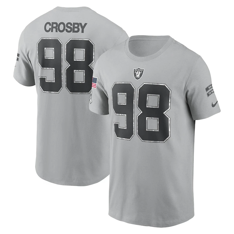 T-shirt Nike Maxx Crosby pour homme, gris, Las Vegas Raiders 2024 Salute To Service, nom et numéro