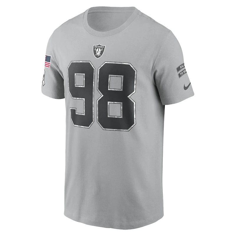 T-shirt Nike Maxx Crosby pour homme, gris, Las Vegas Raiders 2024 Salute To Service, nom et numéro
