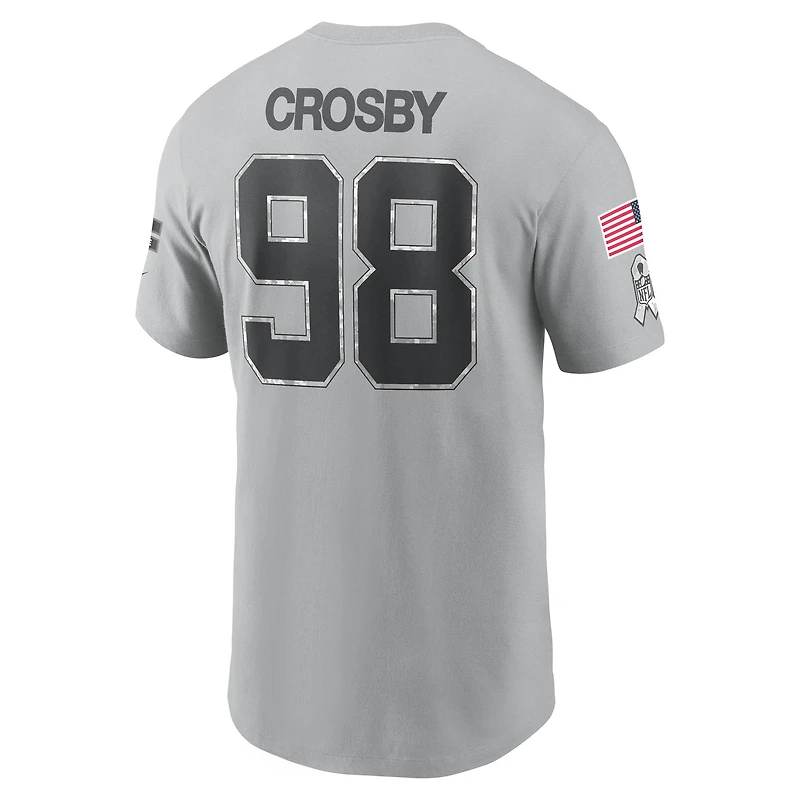 T-shirt Nike Maxx Crosby pour homme, gris, Las Vegas Raiders 2024 Salute To Service, nom et numéro