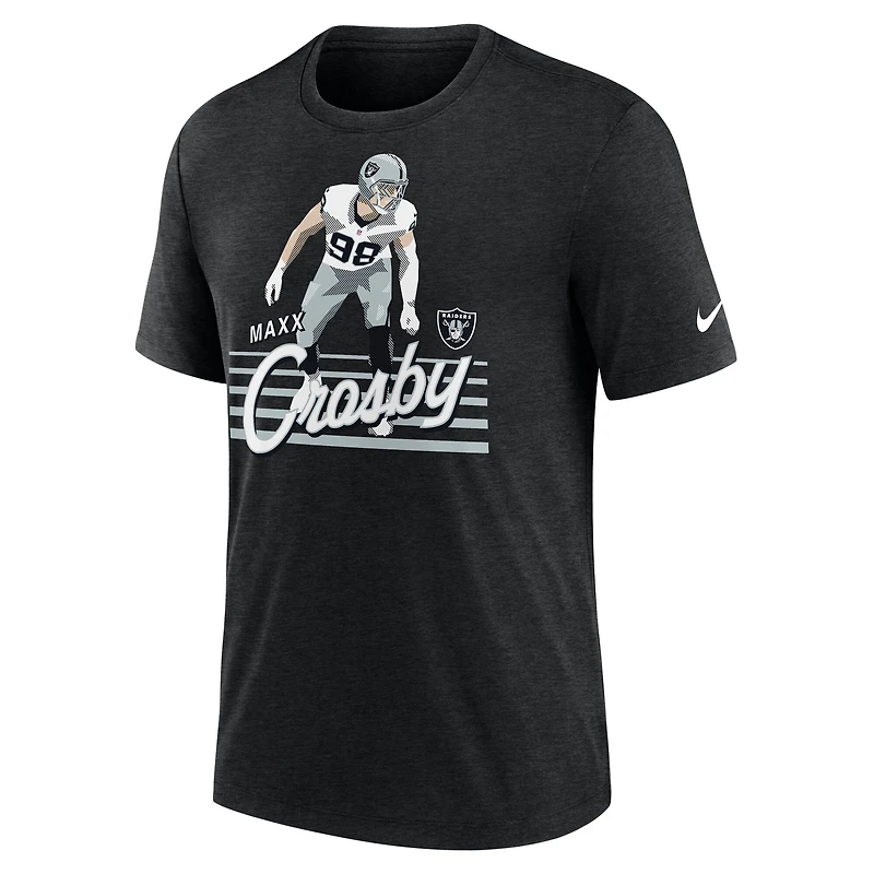 T-shirt Nike Maxx Crosby pour homme, noir chiné, motif joueur des Las Vegas Raiders