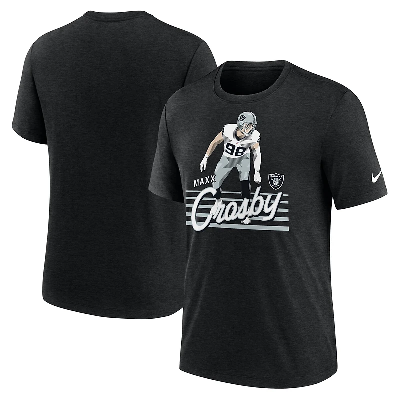 T-shirt Nike Maxx Crosby pour homme, noir chiné, motif joueur des Las Vegas Raiders