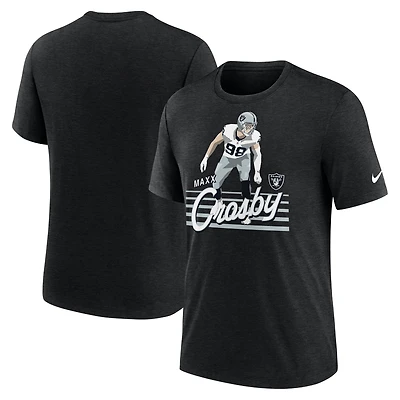 T-shirt Nike Maxx Crosby pour homme, noir chiné, motif joueur des Las Vegas Raiders